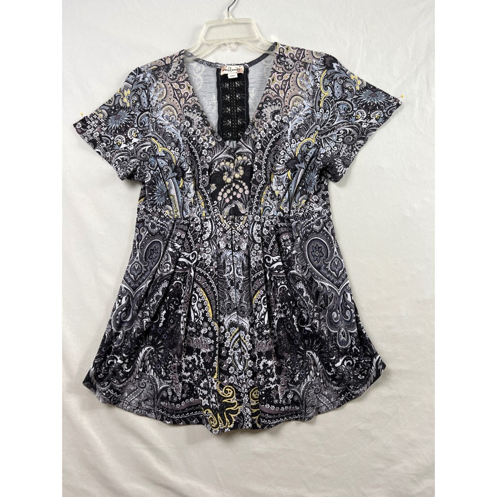 World Unity Paisley Tunic Blouse Womens Size Medium Black Gray Lace Back Pleated